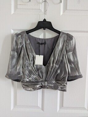 NWT ZARA Silver Metallic Organza Crop Top  Shimmer Puff Sleeve V-Neck Blouse S
